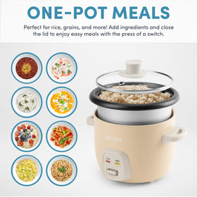 AROMA Mini Rice Cooker one-touch controls simplify cooking with automatic warm switch