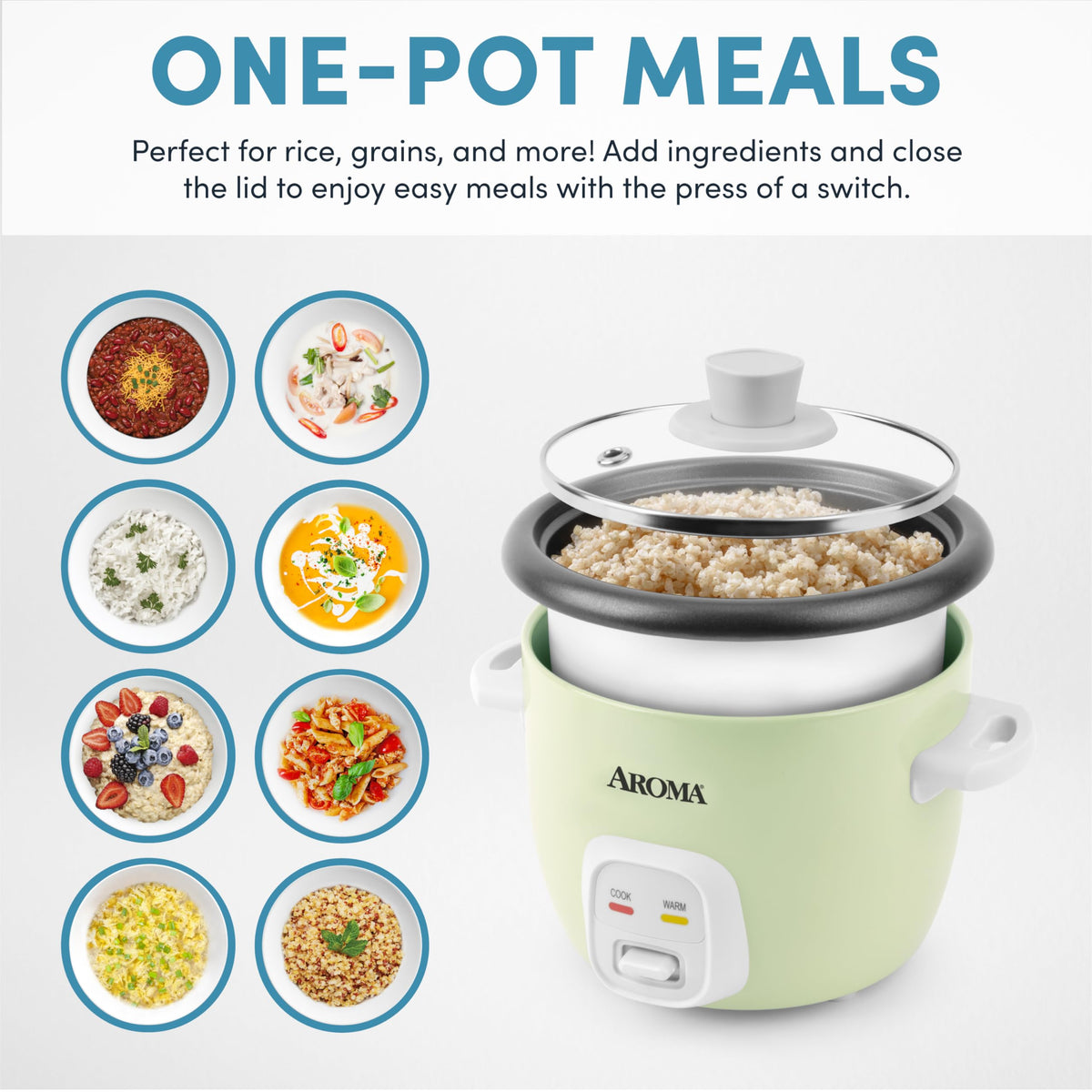 AROMA Mini Rice Cooker one-touch control panel with auto warm function