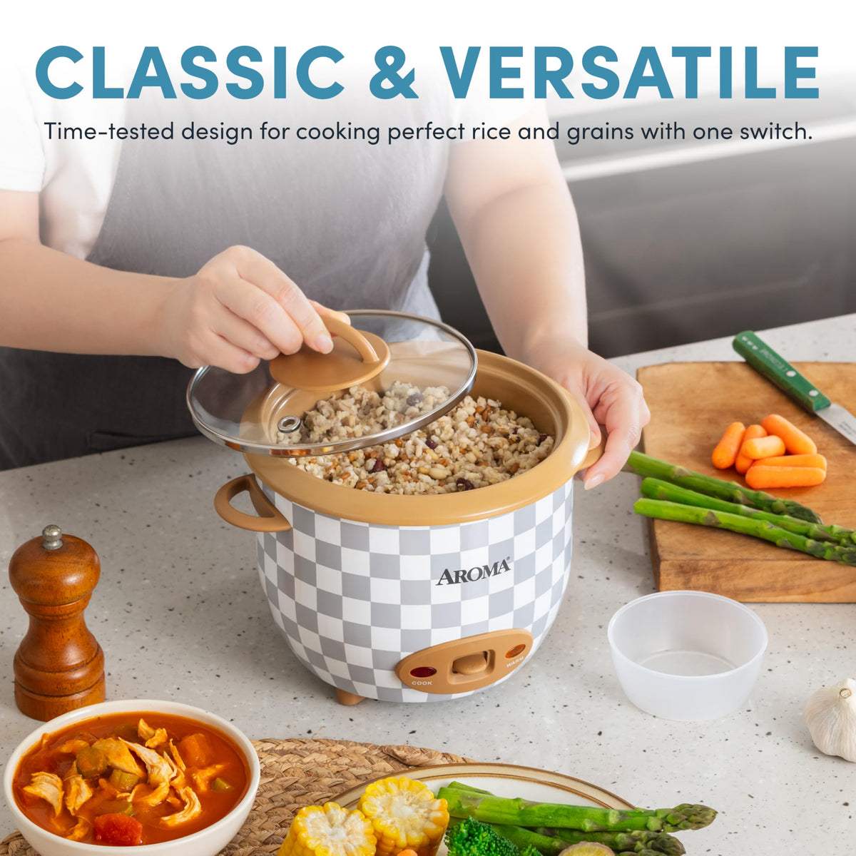 AROMA cooker showing non-slip base for stable countertop use