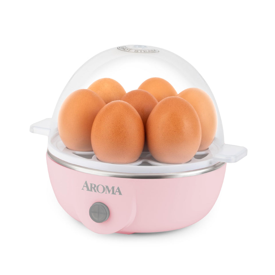 AROMA Overly Easy Egg Cooker exterior view highlights seven-egg capacity.