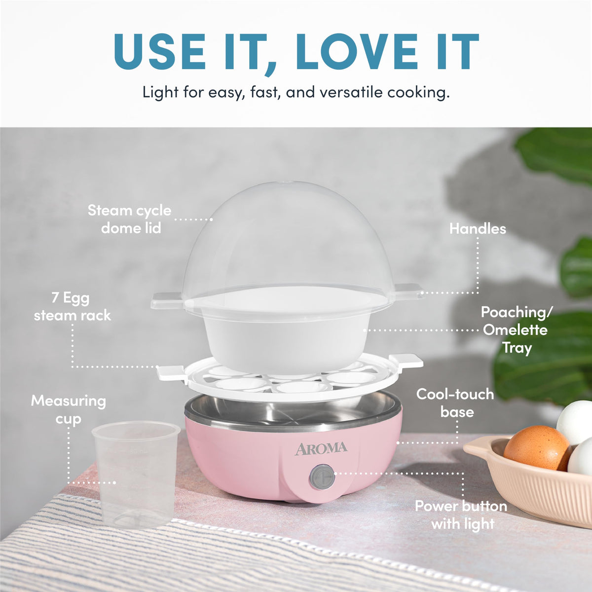 AROMA Egg Cooker lid design promotes even steam circulation for consistent eggs.