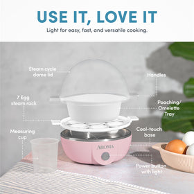 AROMA Egg Cooker lid design promotes even steam circulation for consistent eggs.