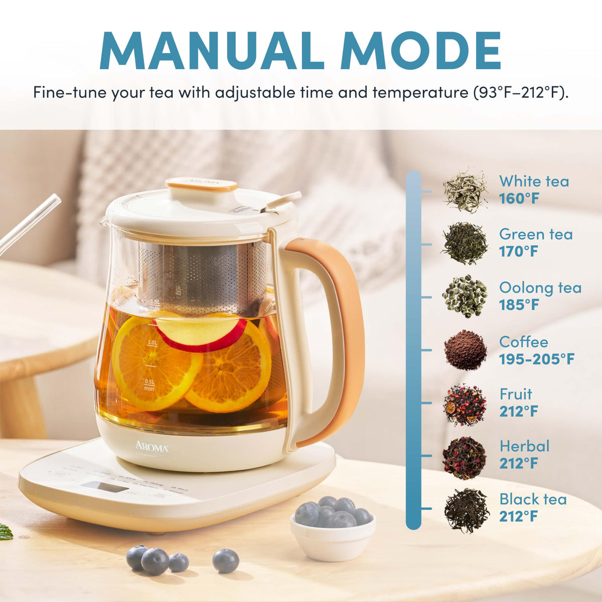 AROMA BPA-free lid and lift-off base simplify refills and cleaning.