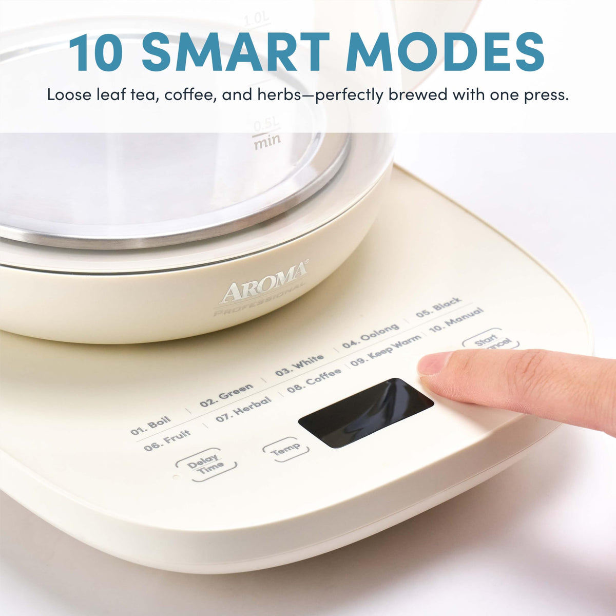 AROMA Professional Infusion Glass Kettle shows twist-lock lid for safe, drip-free pouring.