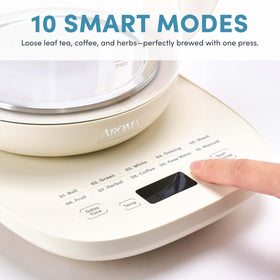 AROMA Professional Infusion Glass Kettle shows twist-lock lid for safe, drip-free pouring.