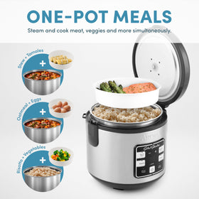 AROMA Select Stainless digital display enables easy one-touch cooking and timer planning.