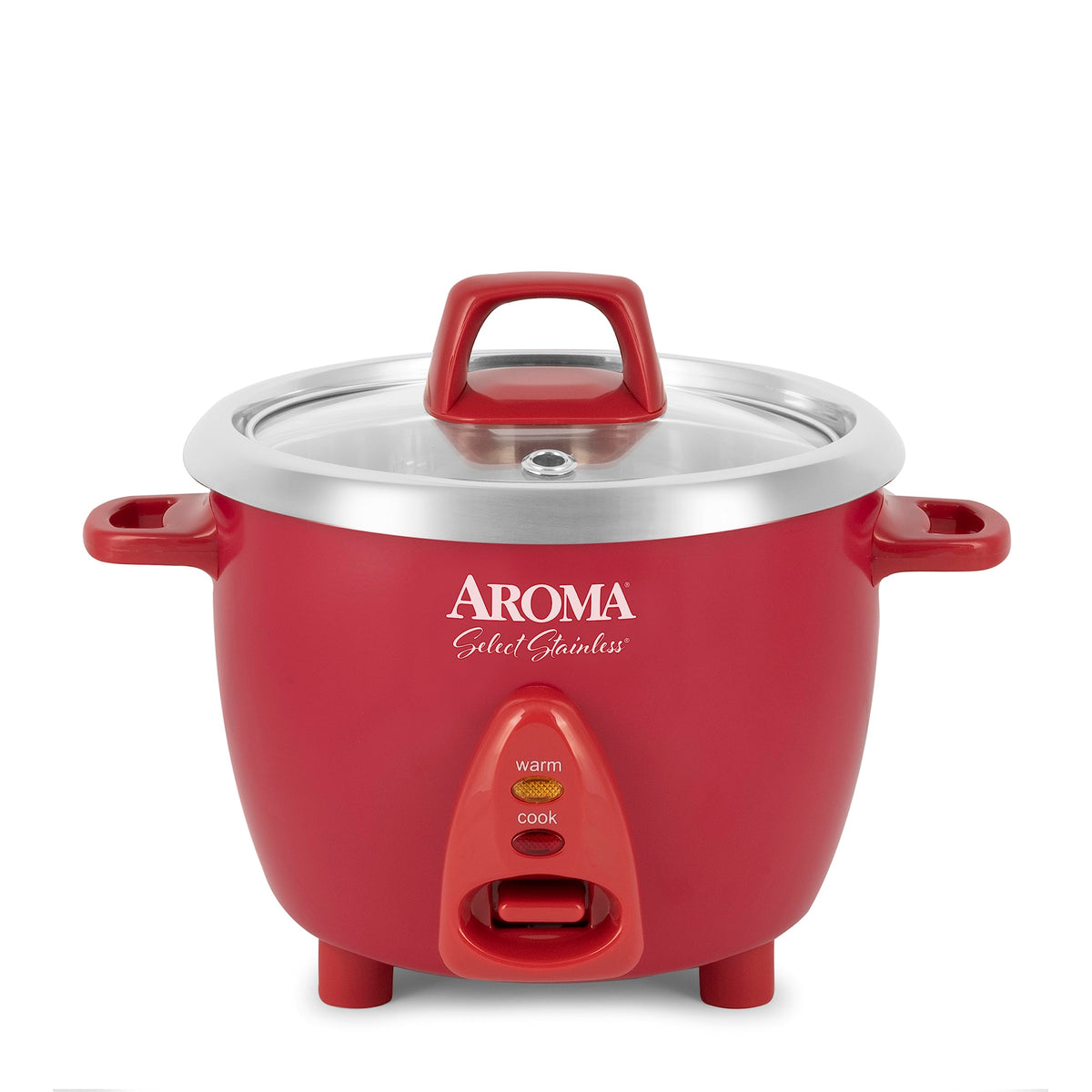AROMA Select stainless rice cooker 6-cup front view showing compact size and stainless pot.