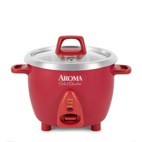 AROMA Select stainless rice cooker 6-cup front view showing compact size and stainless pot.
