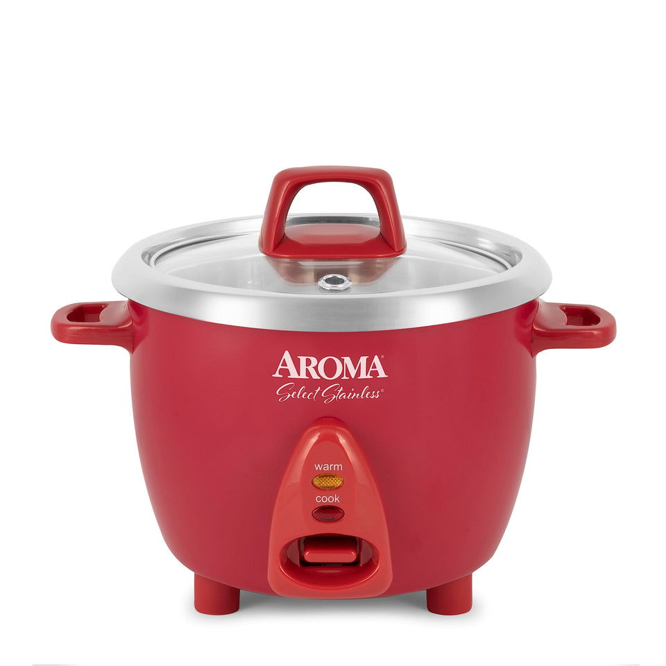 AROMA Select stainless rice cooker 6-cup front view showing compact size and stainless pot.
