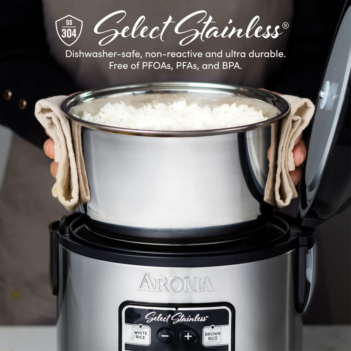 AROMA Select Stainless steam tray lets you steam vegetables while rice cooks below.