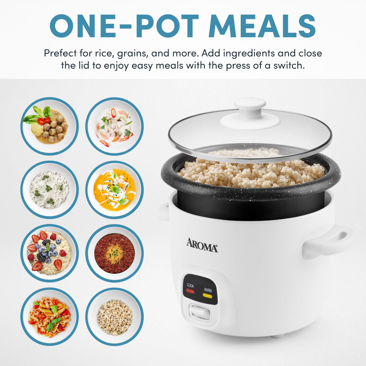 AROMA tempered glass lid lets you watch progress for precise cooking.