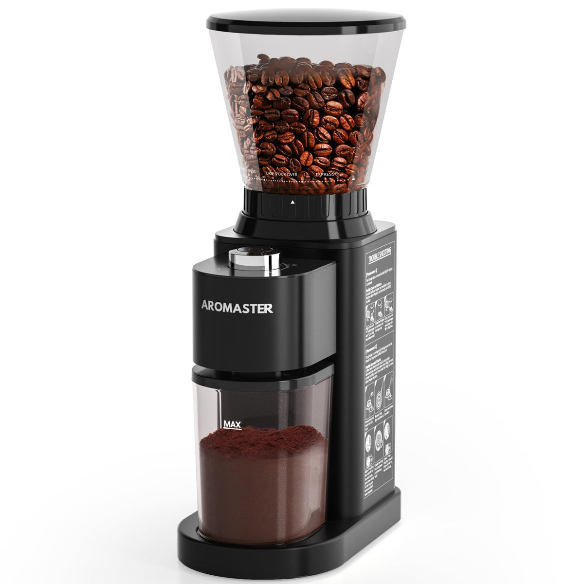 Aromaster coffee bean grinder with 48 settings dial for precise grind size