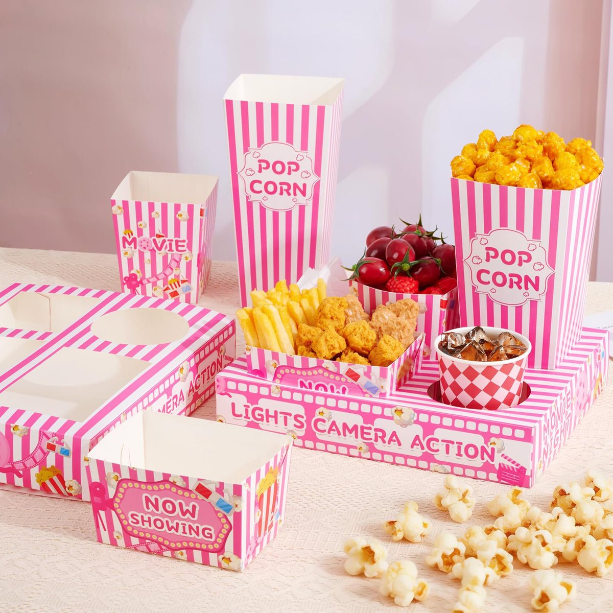 ARQRHTLY popcorn bucket pink-striped sturdy for movie night popcorn
