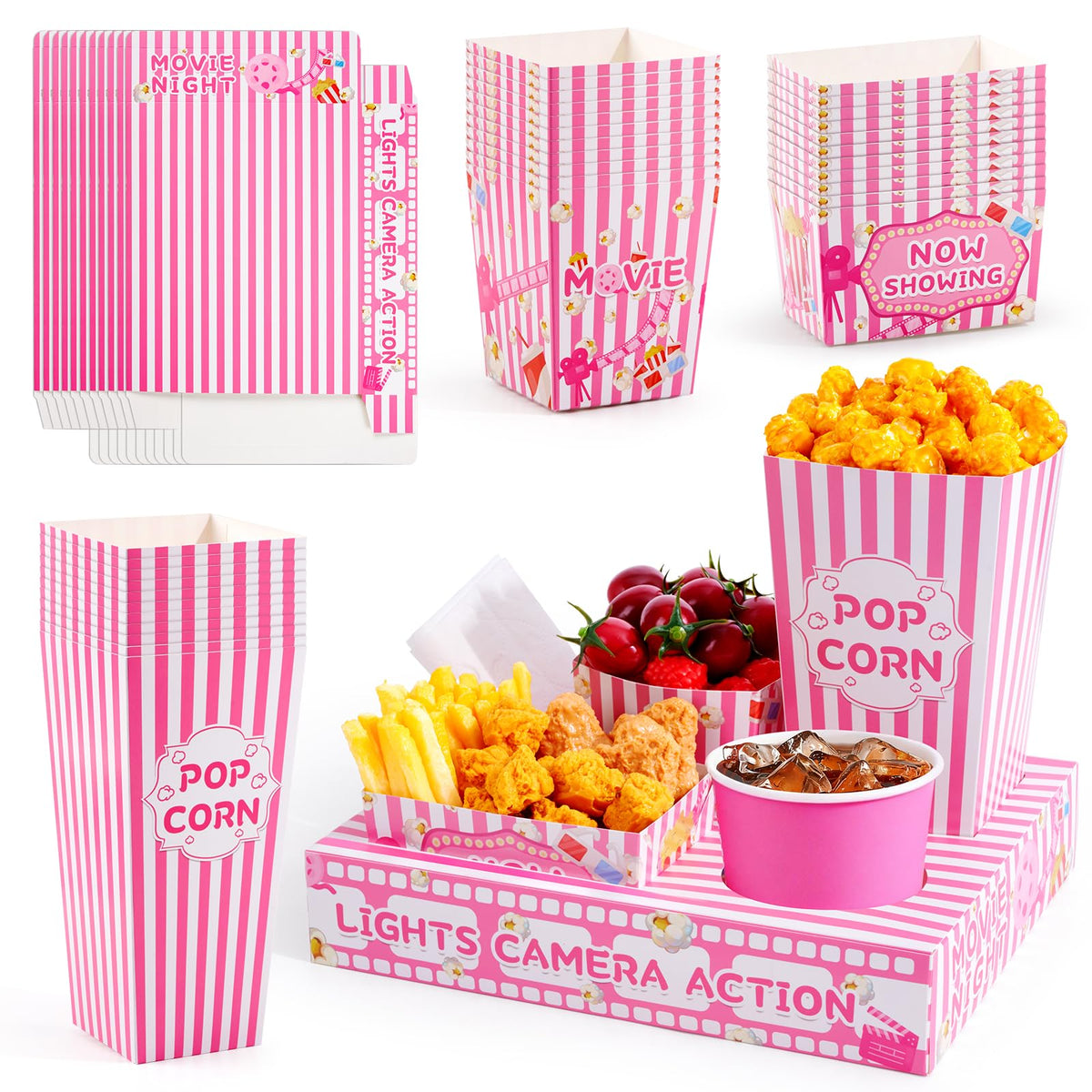 ARQRHTLY movie night snack tray pink-striped with five compartments for neat snacks