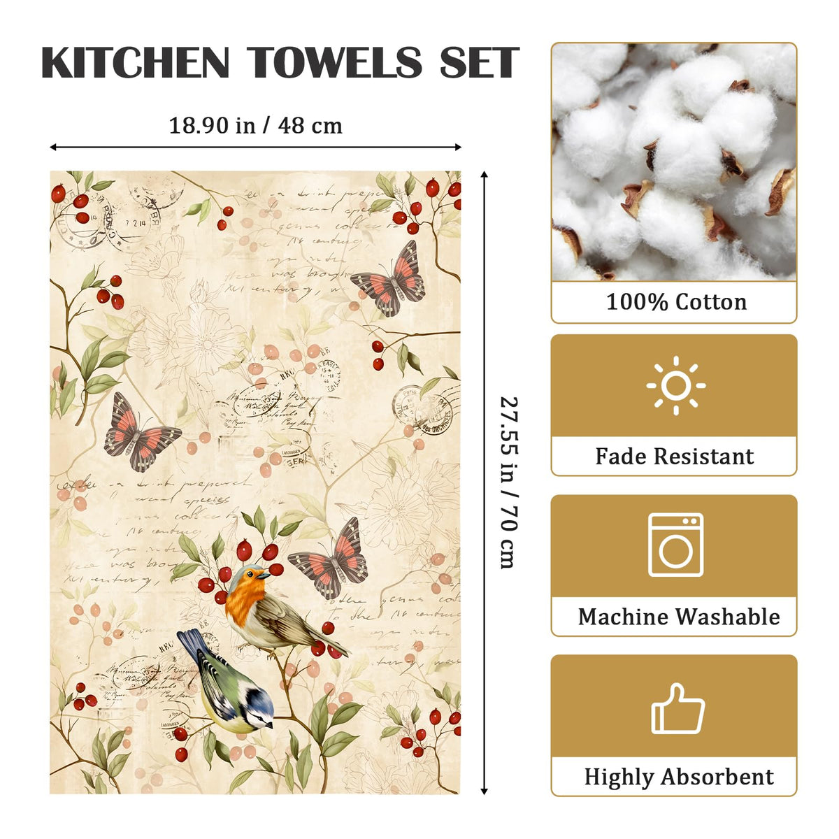Arquiel Retro Birds towels shown for dish-drying use near the sink