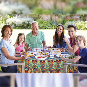 Arroganttiom tablecloth with stain-resistant finish keeps clean during meals.