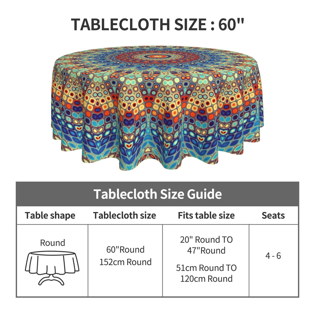 Arroganttiom 60x60 inch tablecloth on a round table for easy entertaining.