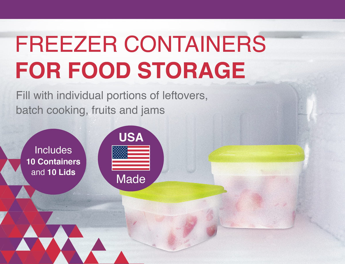 Arrow Home Products pint containers with green lids for secure sealing.