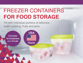 Arrow Home Products pint containers with green lids for secure sealing.