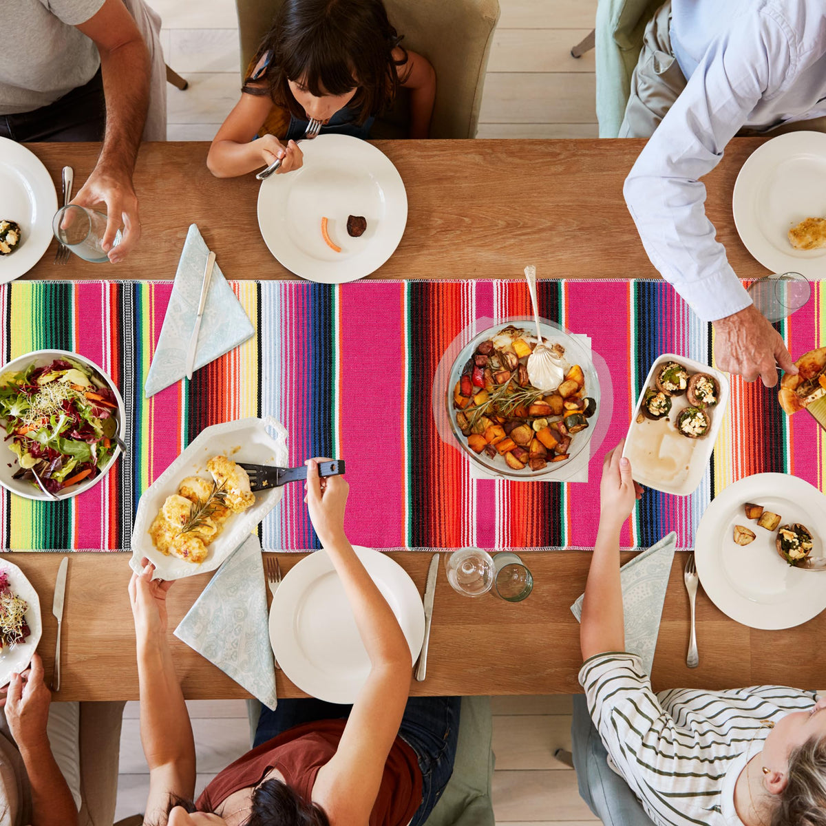 Arrowom multi-color design brightens tables for Cinco de Mayo or Dia de los Muertos.