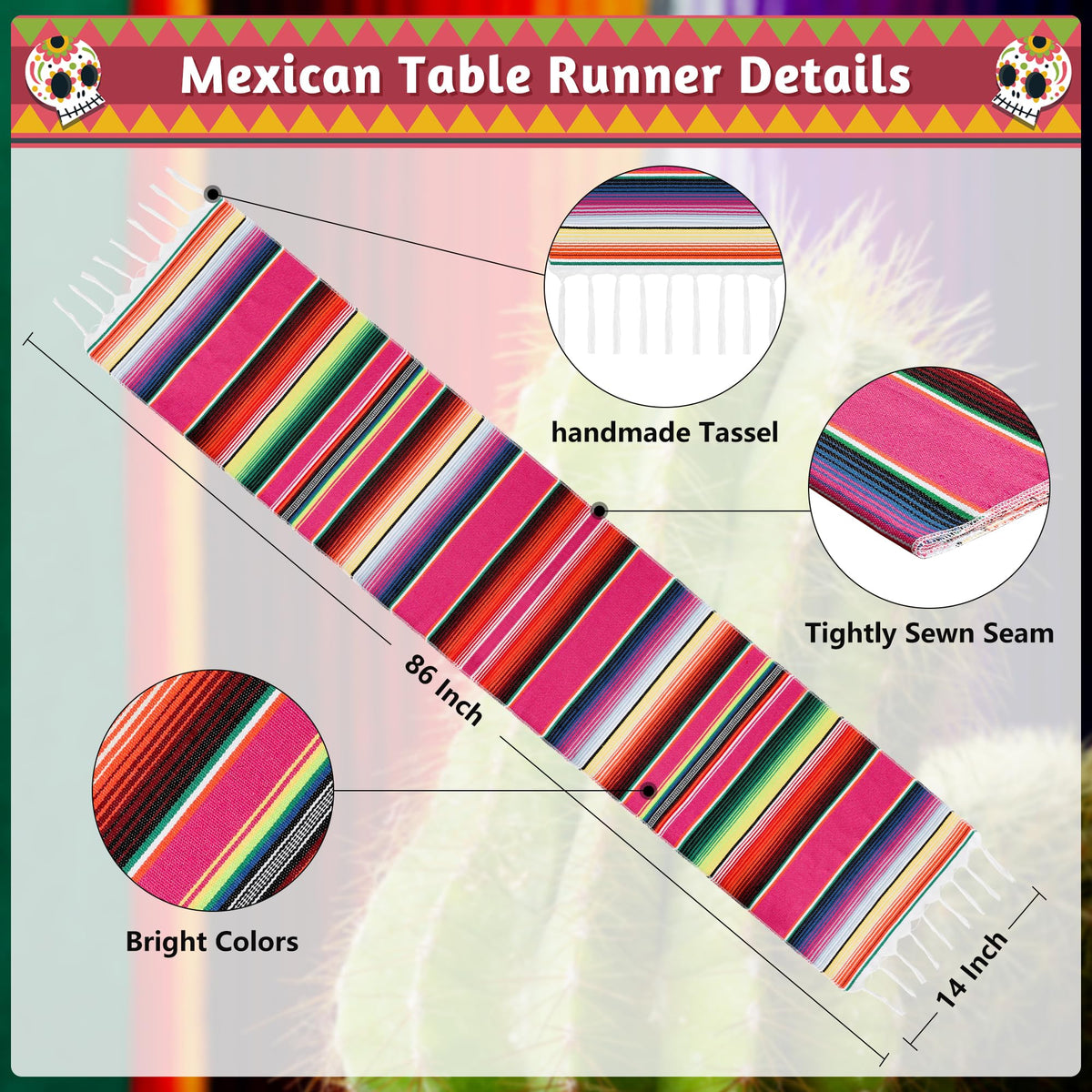 Arrowom Day of the Dead runner in bright colors enhances Mexican party decor.