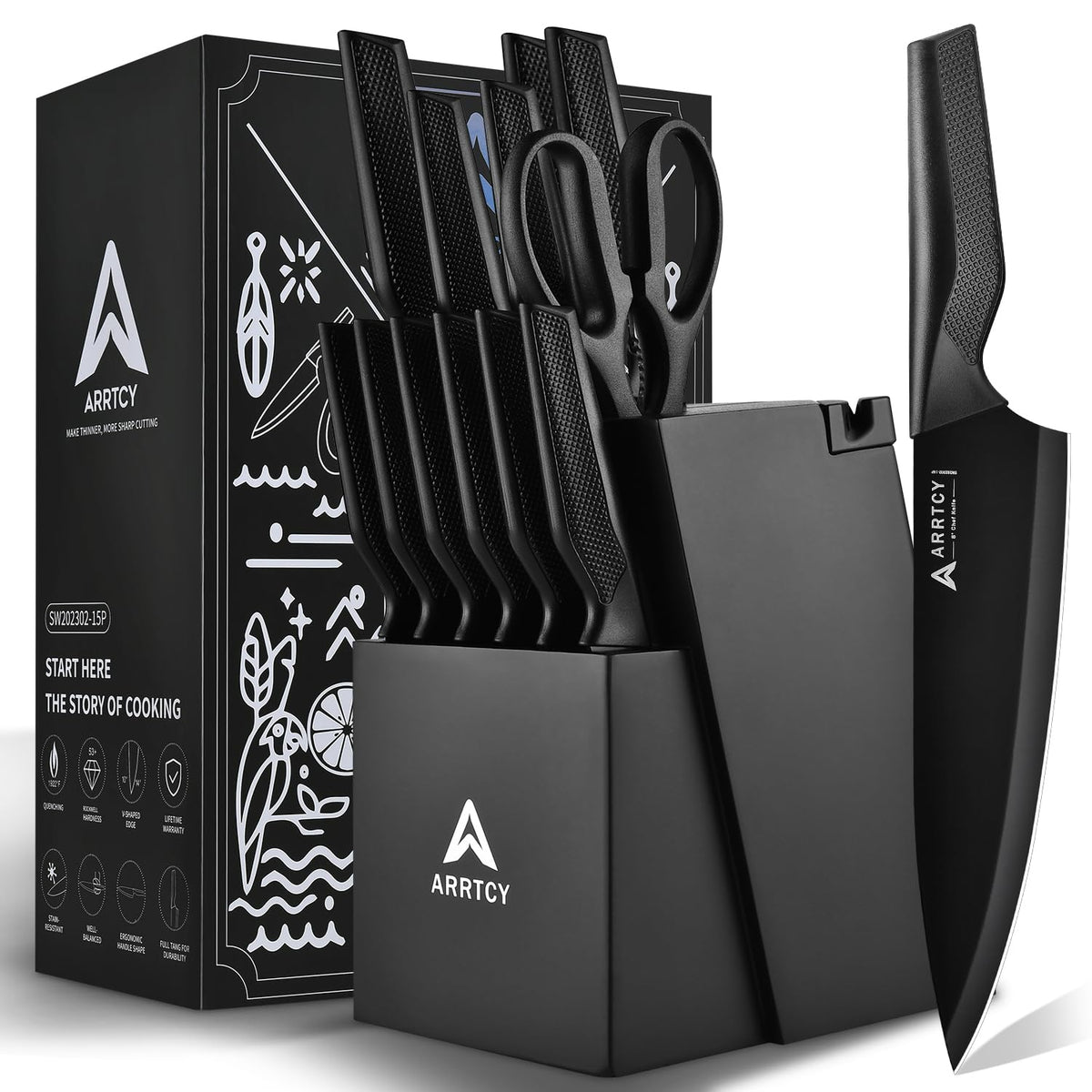 Arrtcy knife set with block: chef knife for precise slicing and moisture retention