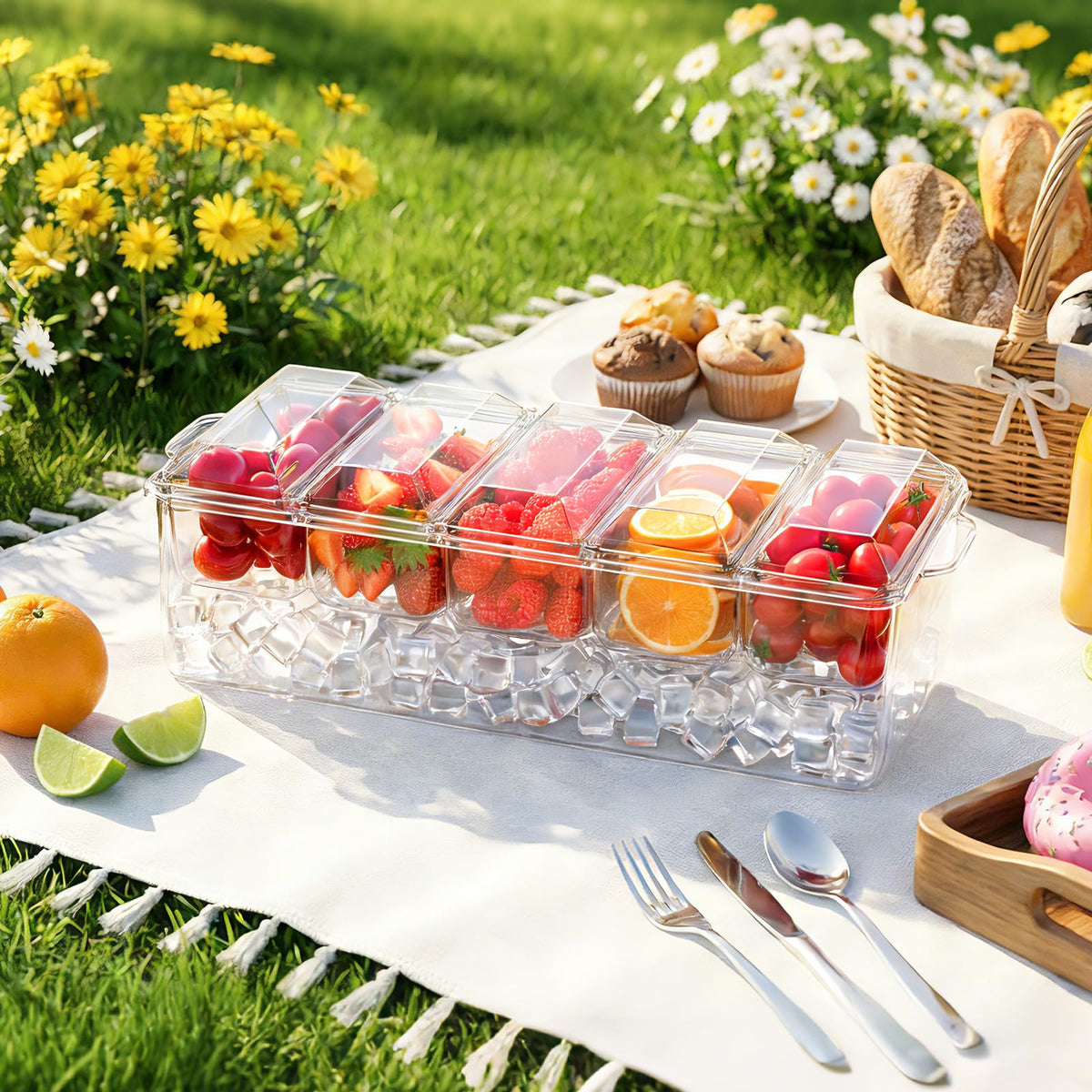 ARSTPEOE bar garnish holder on ice presents fresh garnishes for cocktails and dishes.