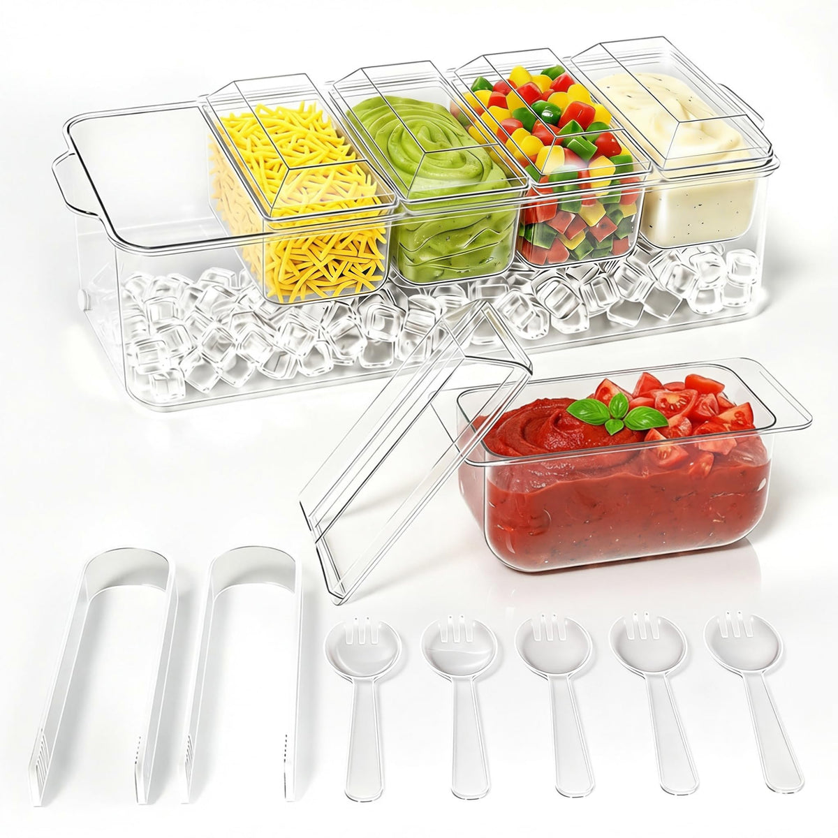 ARSTPEOE condiment tray on an ice base keeps dips and toppings cool.