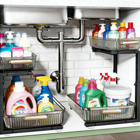 ARSTPEOE under sink organizer 2-pack with sliding drawer for easy cabinet access.