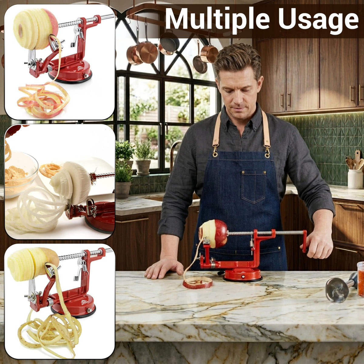 ARSUK adjustable blades show customizable peeling thickness for produce like apples and potatoes.