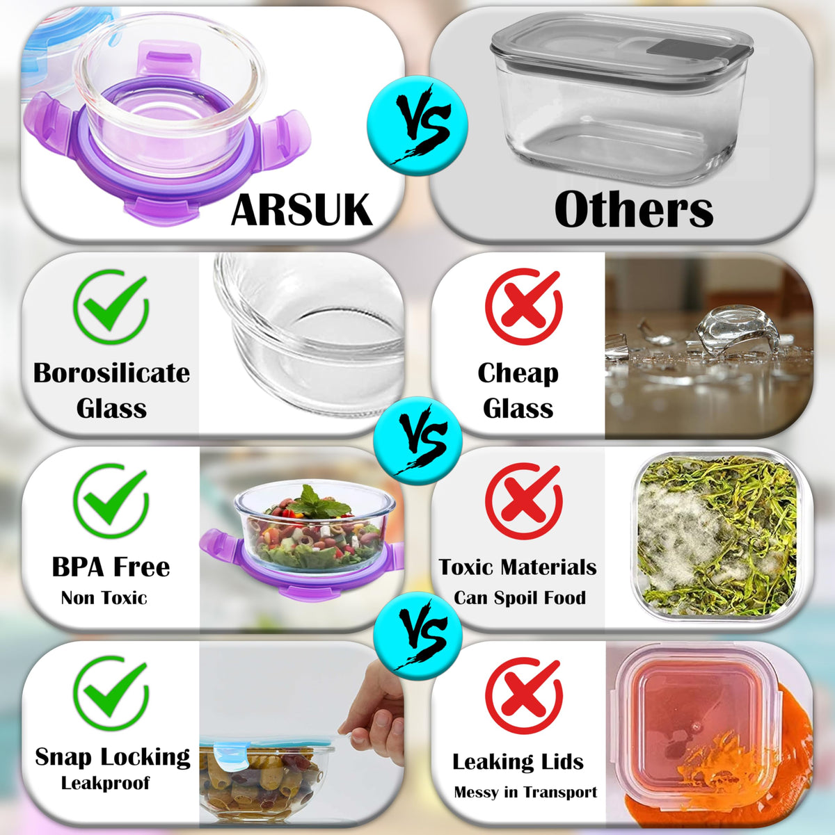 ARSUK 1 cup meal prep glass container for portions