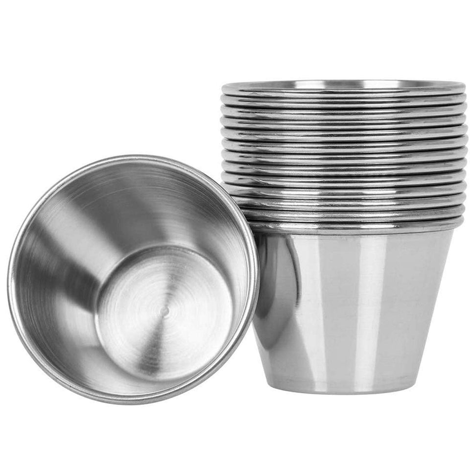 Artcome 14-pack stainless steel sauce cups with rolled edge for durable dipping portions.