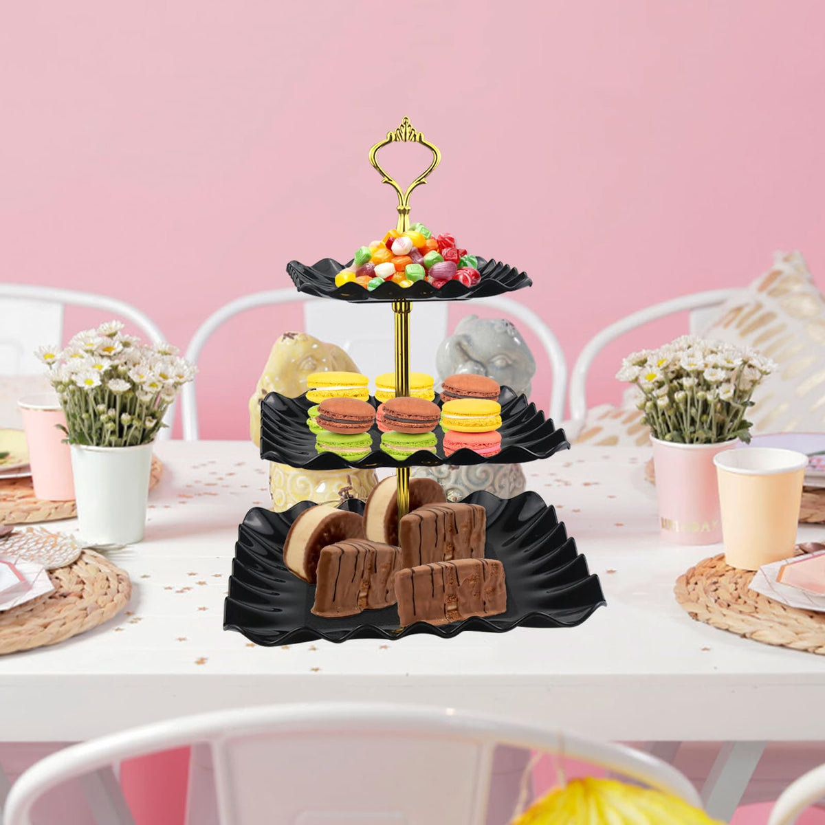 ArtCute 3-tier cupcake stand highlights cakes with sturdy support.