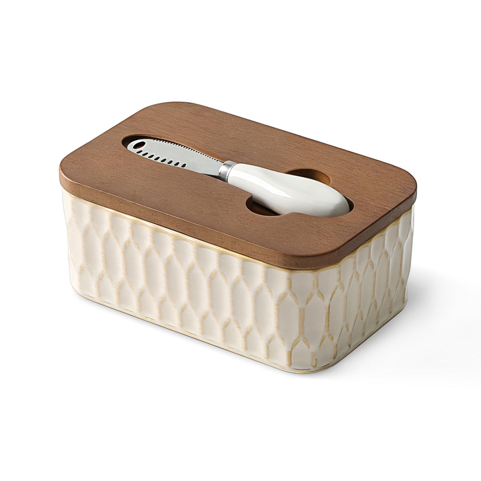 ArteBake butter dish with lid on countertop shows compact size and smooth finish.