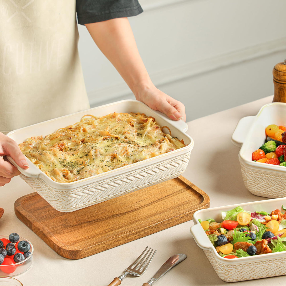 ArteBake oven-to-table presentation with durable porcelain that handles high heat.