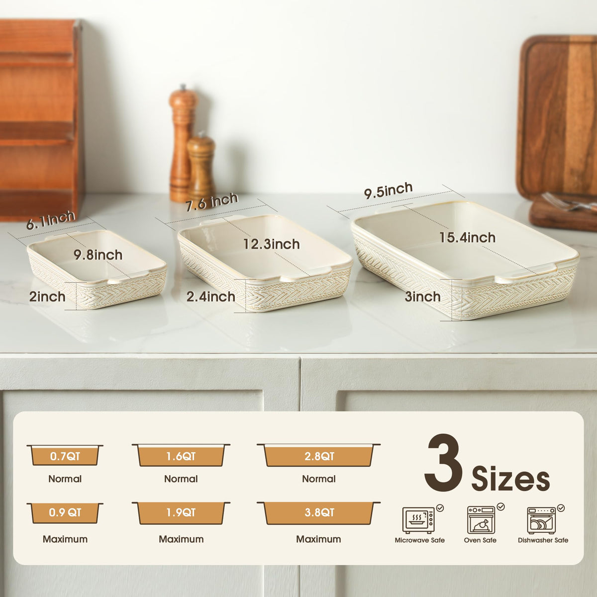ArteBake casserole dishes set medium rectangle with handles, easy to transport from oven to table.
