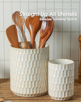 ArteBake utensil holder with distressed finish adds rustic charm to kitchen counters.