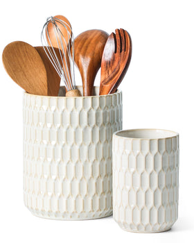 ArteBake large beige ceramic utensil holder on countertop for easy spatula access.