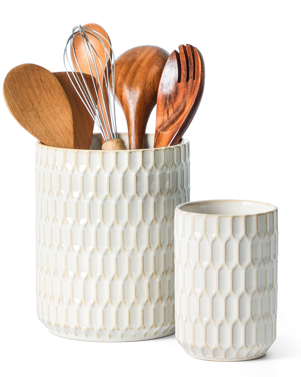 ArteBake large beige ceramic utensil holder on countertop for easy spatula access.