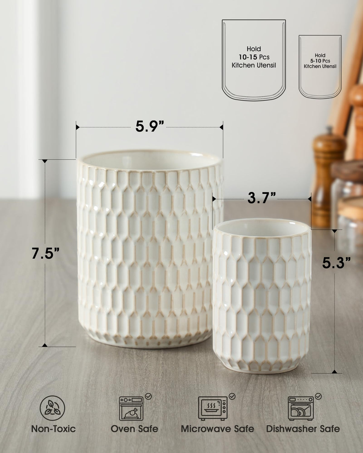 ArteBake small beige ceramic utensil holder beside stove for compact tool storage.
