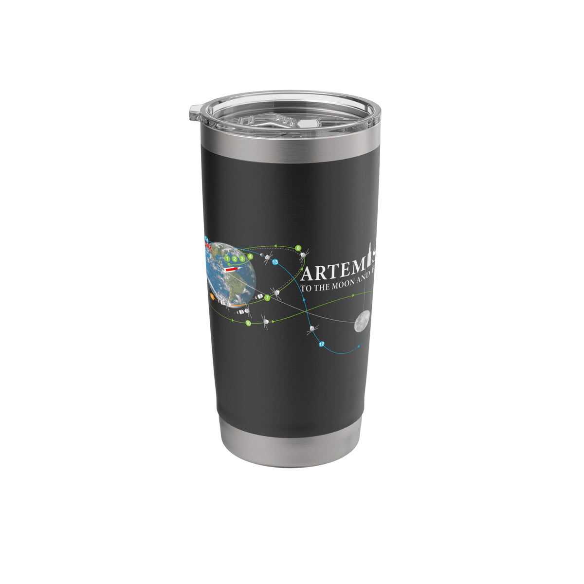Artemis 2 route map tumbler keeps beverages cold during travel.