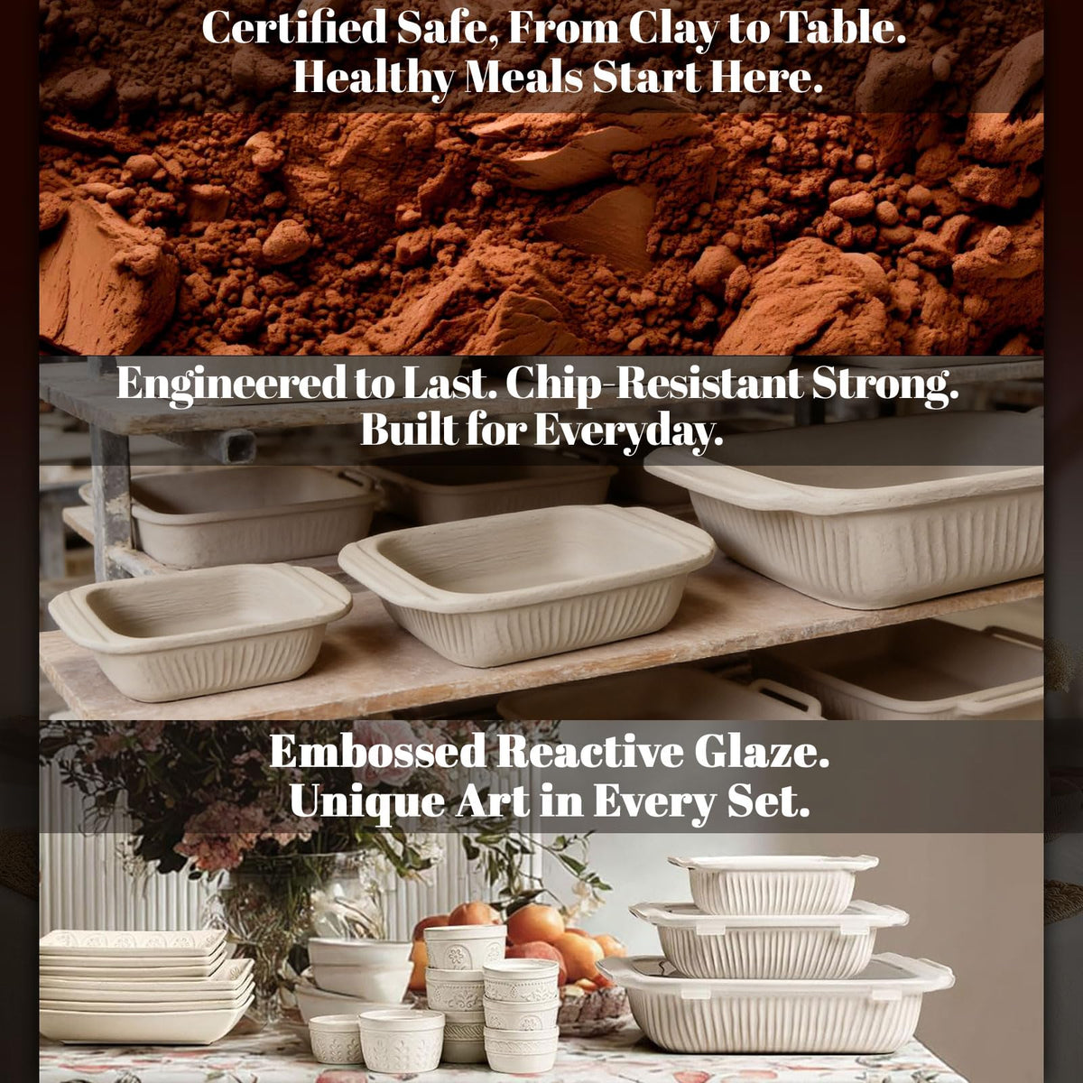 Artena high-density ceramic resists stains and tolerates oven, microwave, and freezer use.