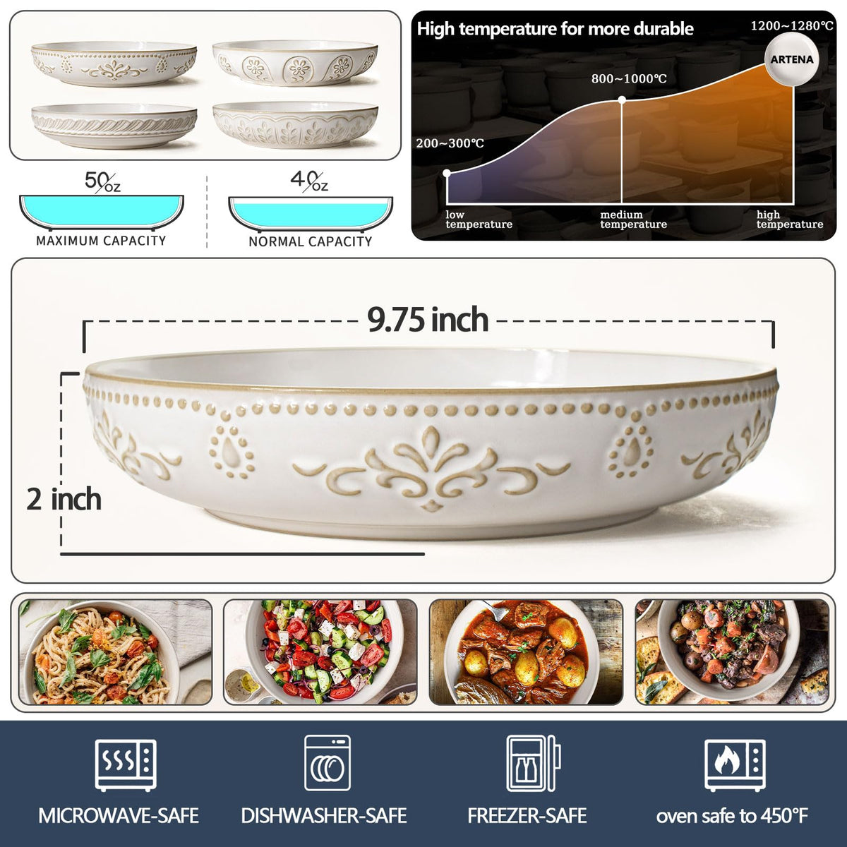 Artena embossed surface with damask pattern on ceramic bowls.