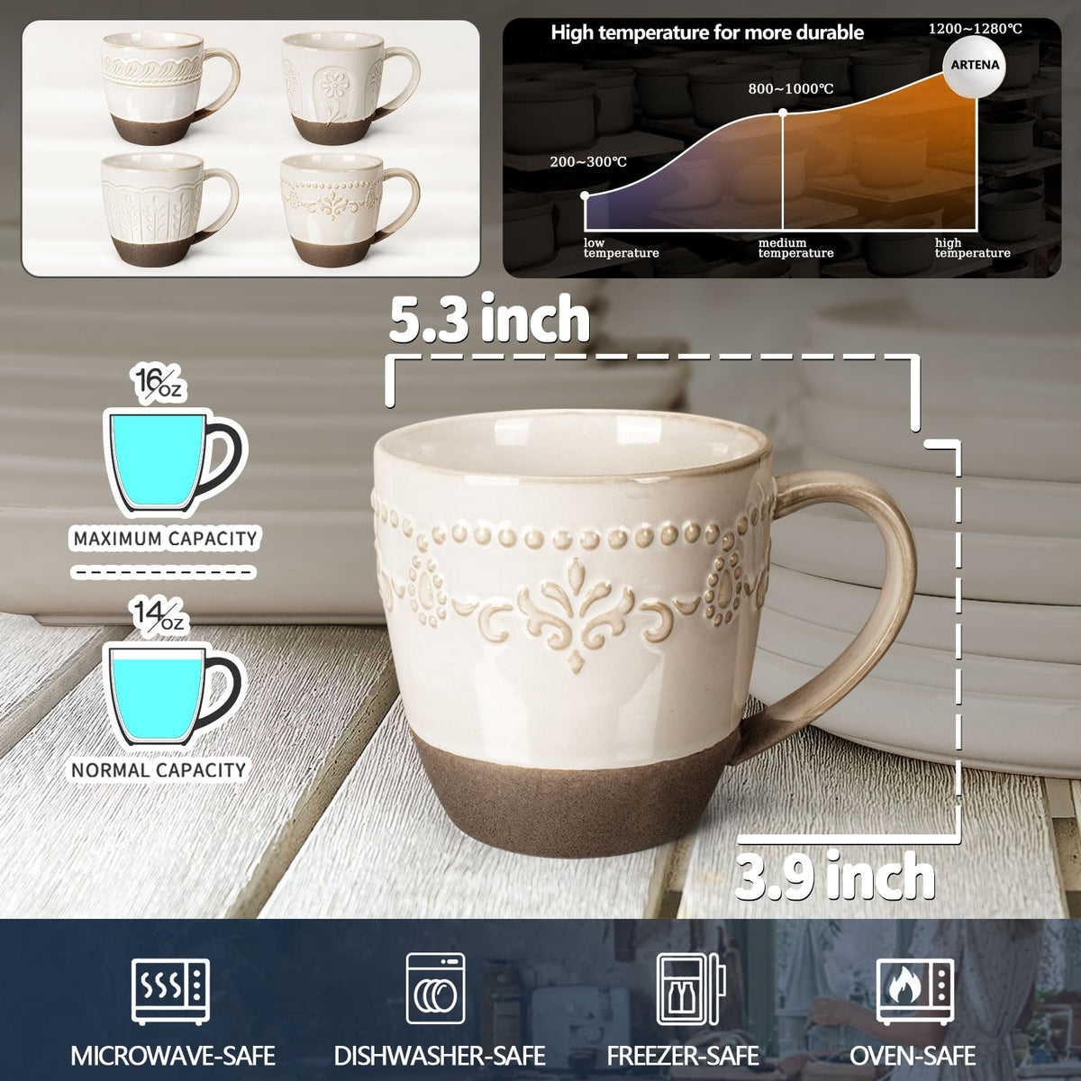 Artena Mugs embossed texture closeup highlights premium craftsmanship and cafe-style charm