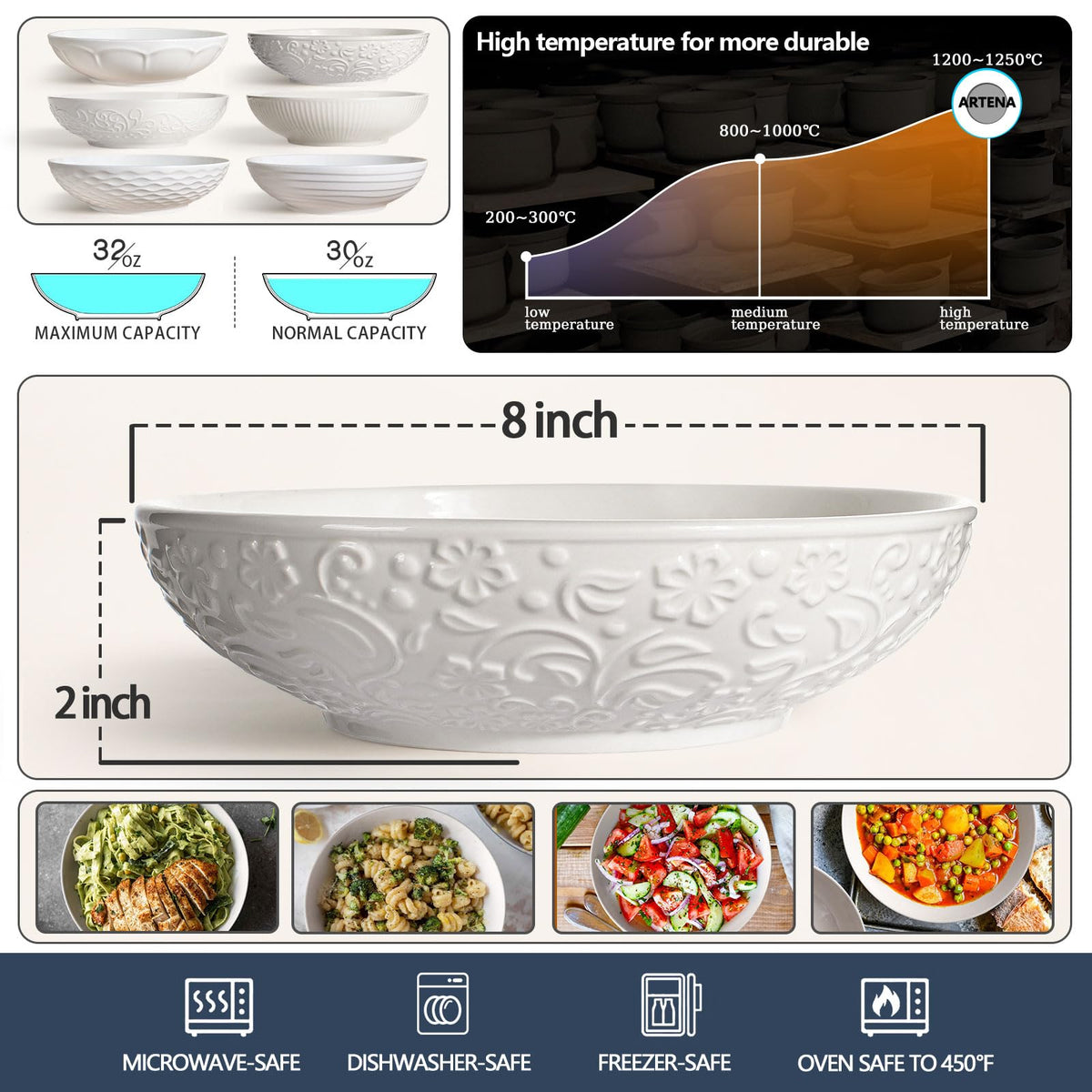 Artena 8-inch wide bowls ideal for pasta, salads, and soups.