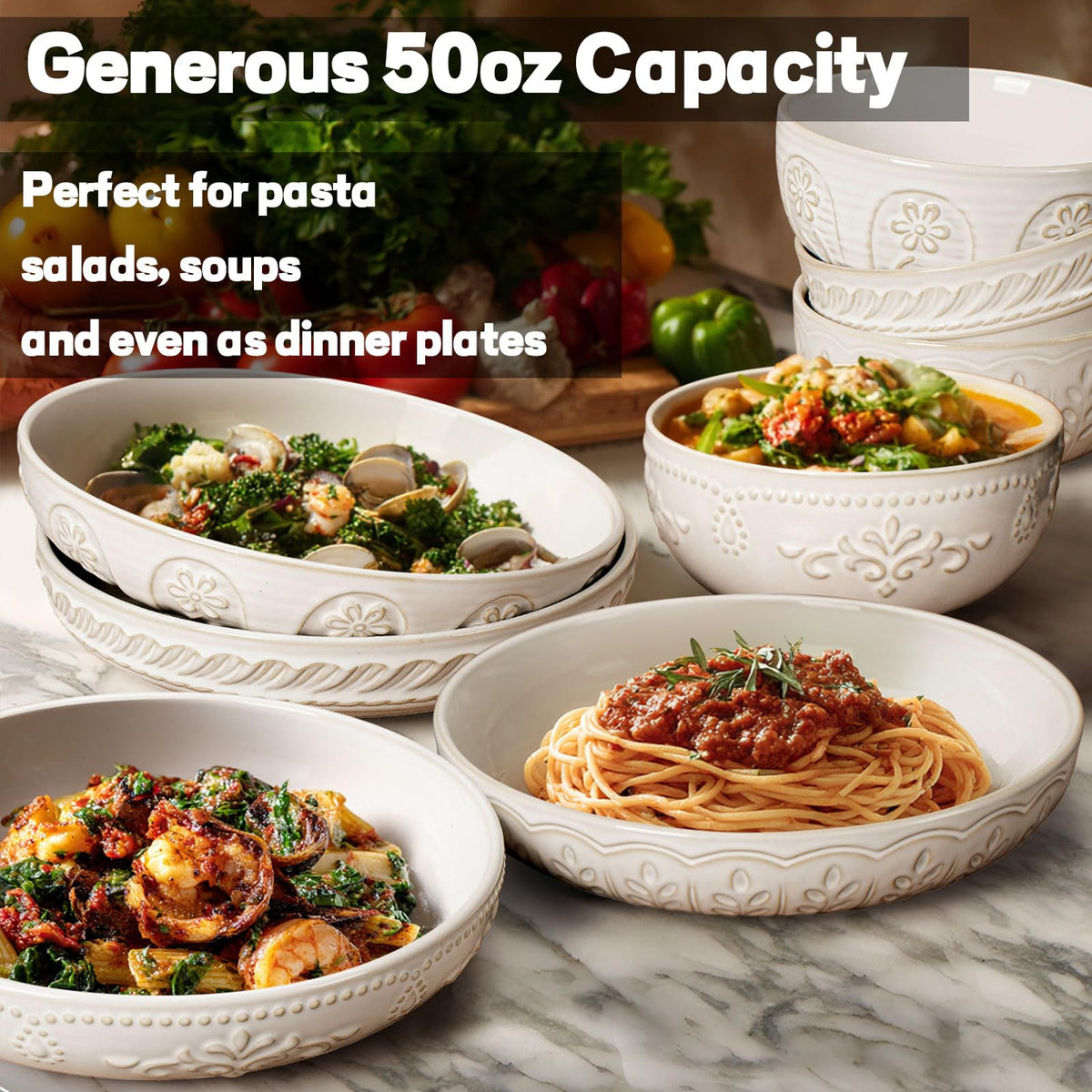 Artena wide 9.75-inch bowls ideal for sauces and generous portions.