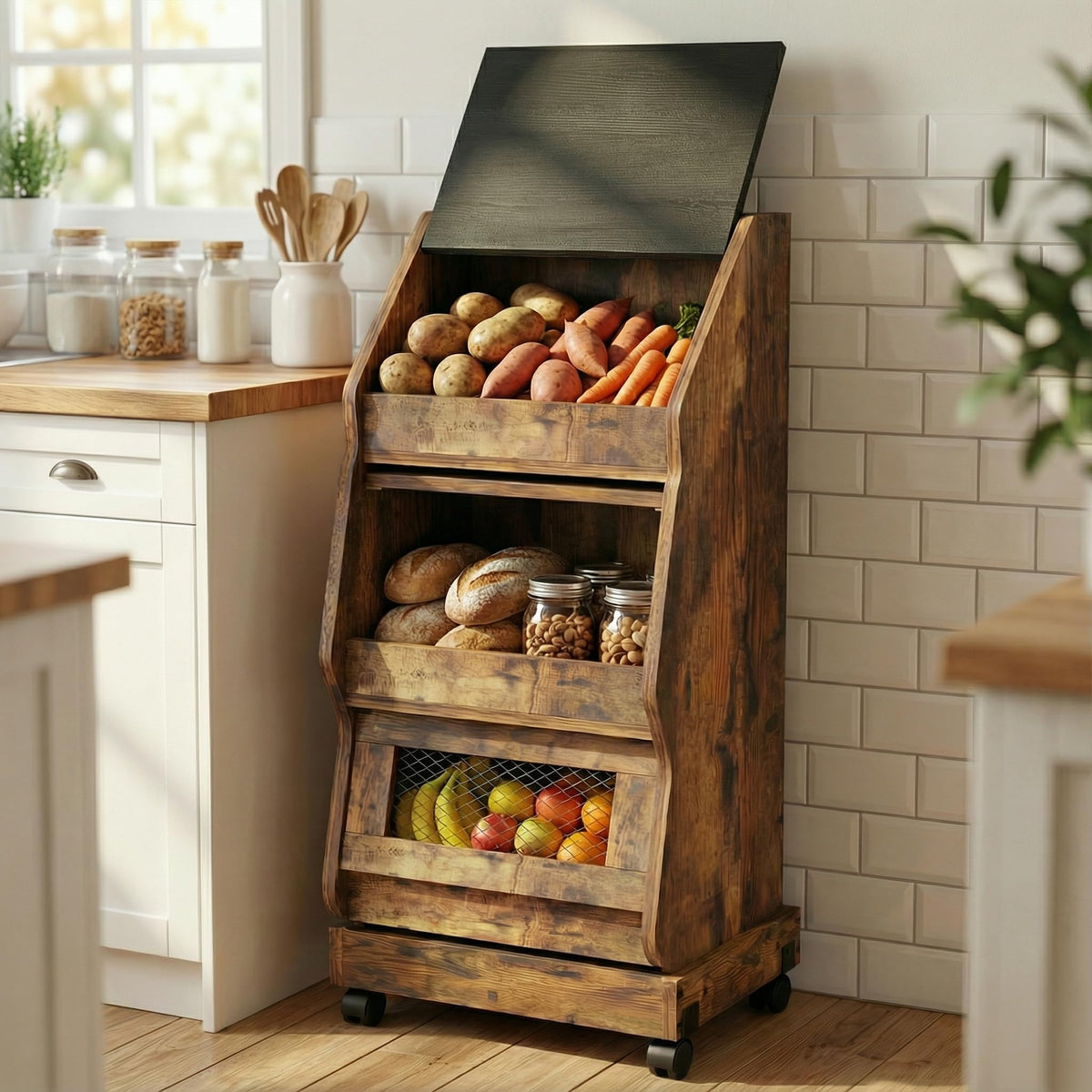 ARTETHYS moveable storage cabinet on wheels allows easy repositioning around the kitchen.
