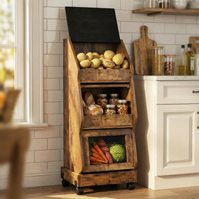 ARTETHYS potato storage bin with lid and wheels enables portable kitchen organization.
