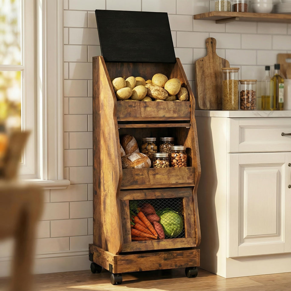 ARTETHYS potato storage bin with lid and wheels enables portable kitchen organization.