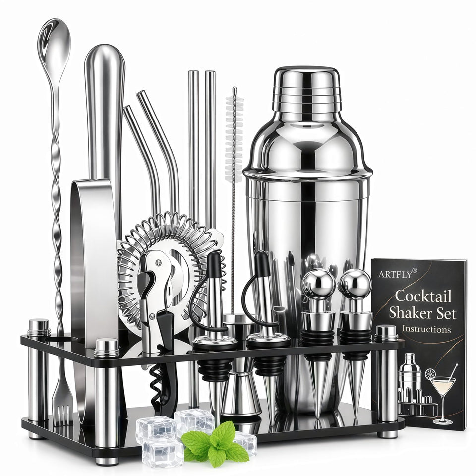 ArtFly 18-piece cocktail set displayed on an acrylic stand for organized home bar